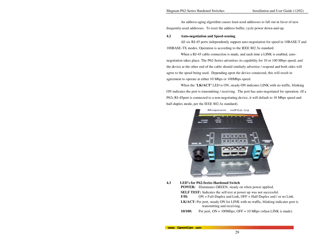 GarrettCom P62F manual Auto-negotiation and Speed-sensing, LED’s for P62-Series Hardened Switch 