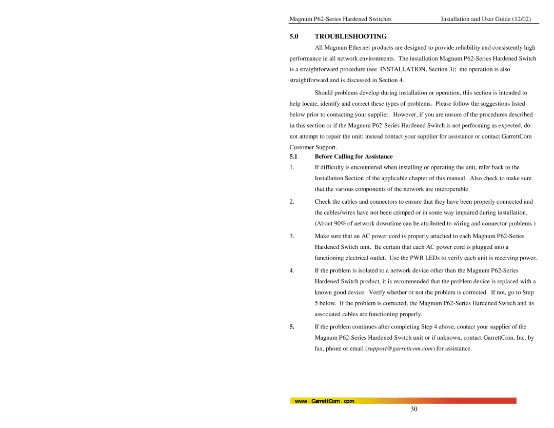 GarrettCom P62F manual Troubleshooting, Before Calling for Assistance 