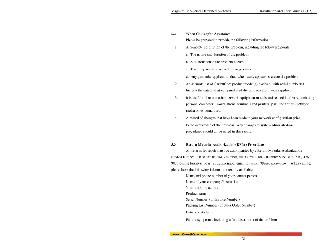 GarrettCom P62F manual When Calling for Assistance, Return Material Authorization RMA Procedure 