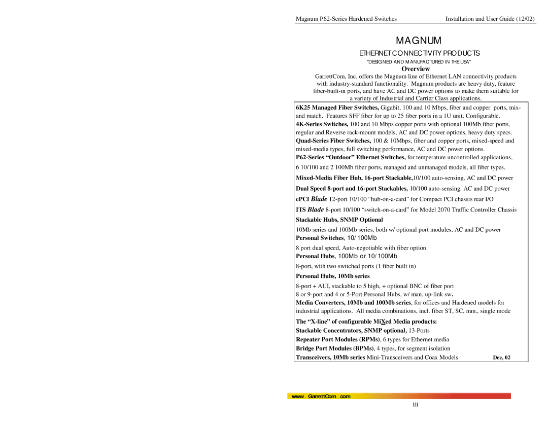 GarrettCom P62F manual Stackable Hubs, Snmp Optional, Personal Switches, 10/100Mb, Personal Hubs, 10Mb series 