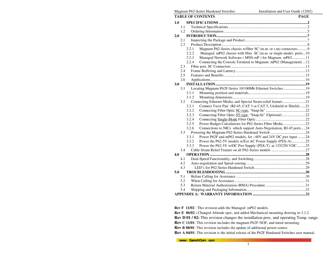 GarrettCom P62F manual Table of Contents 