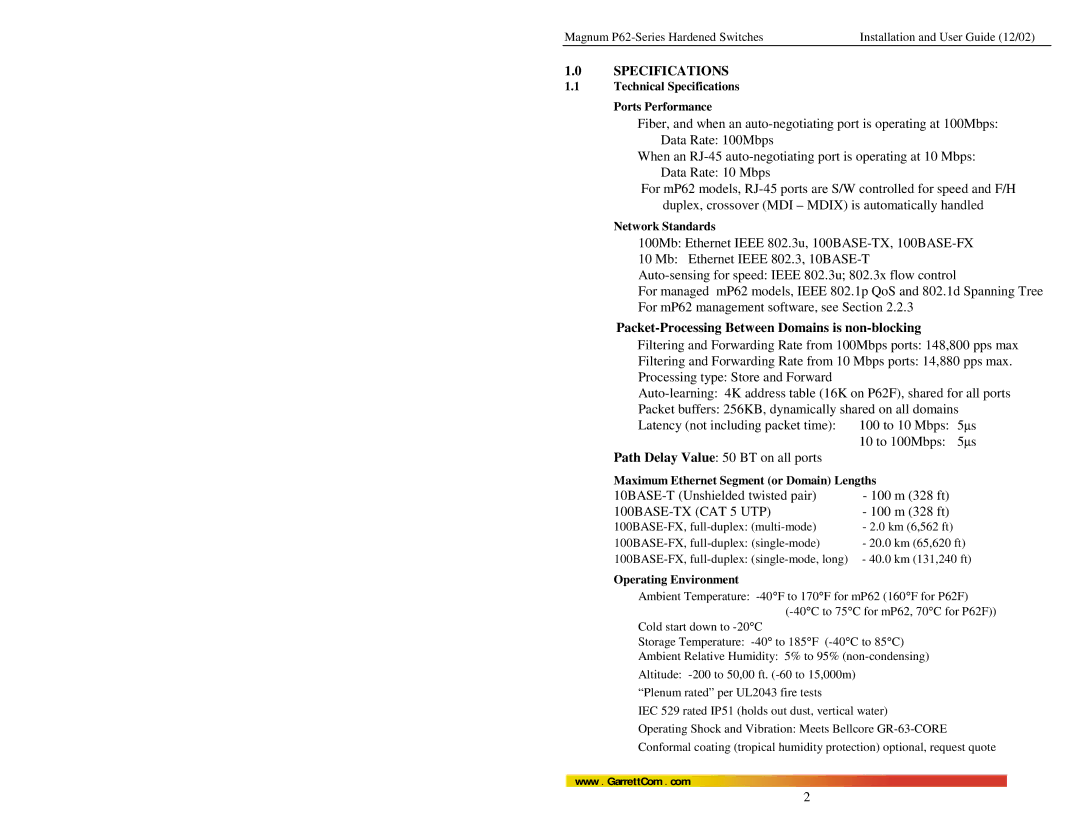 GarrettCom P62F manual Technical Specifications Ports Performance, Network Standards, Operating Environment 