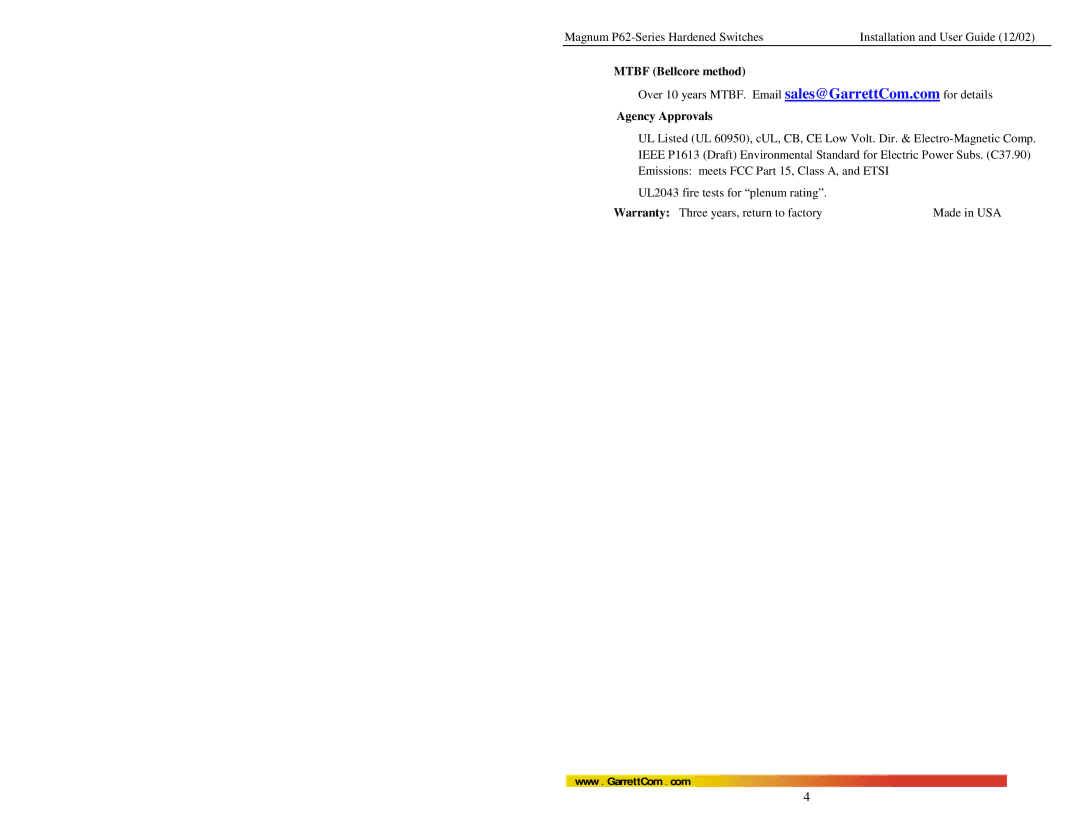 GarrettCom P62F manual Mtbf Bellcore method Agency Approvals 