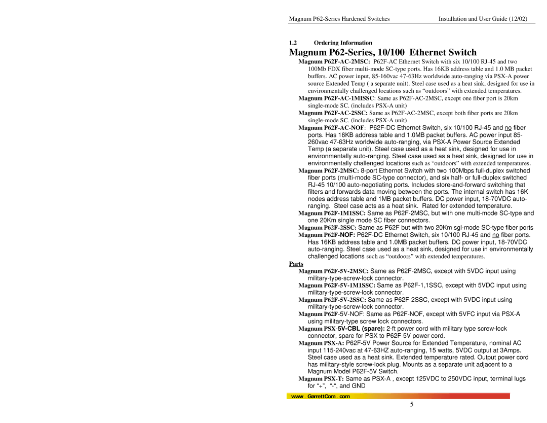 GarrettCom P62F manual Ordering Information, Parts 