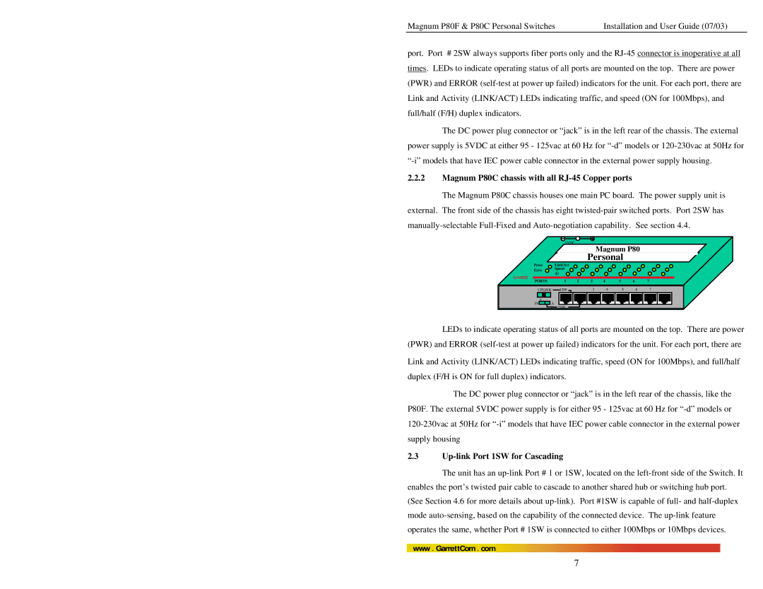 GarrettCom P80F manual Magnum P80C chassis with all RJ-45 Copper ports, Up-link Port 1SW for Cascading 