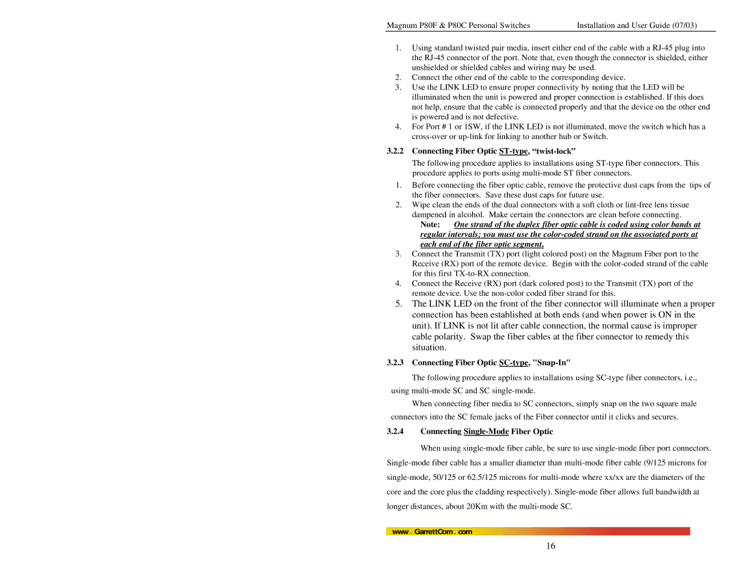 GarrettCom P80F, P80C manual Connecting Fiber Optic ST-type, twist-lock, Connecting Fiber Optic SC-type, Snap-In 