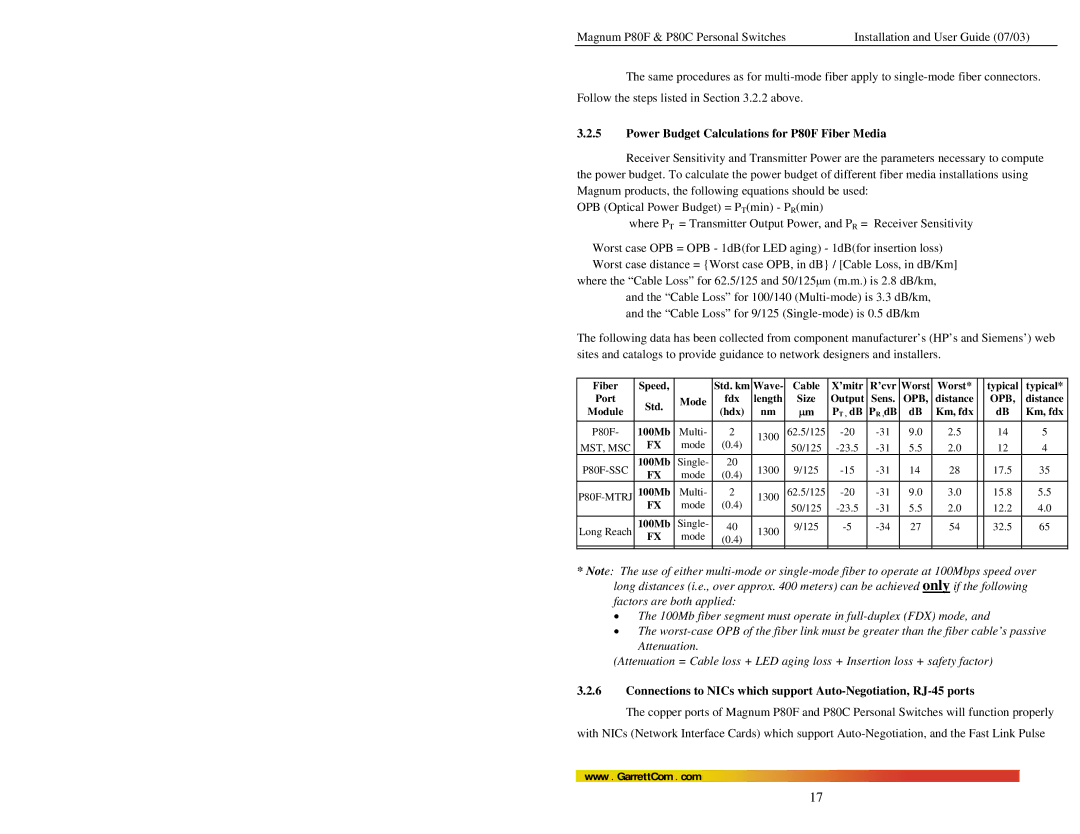 GarrettCom P80C manual Power Budget Calculations for P80F Fiber Media, Km, fdx 