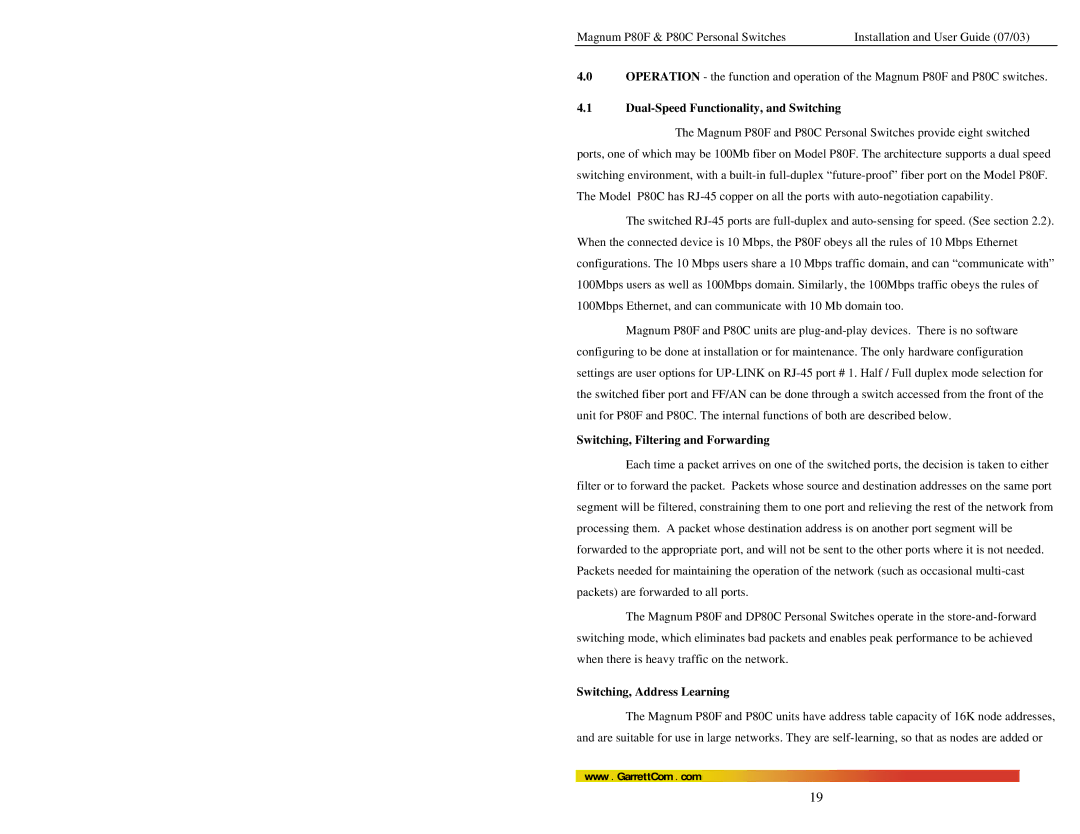 GarrettCom P80C Dual-Speed Functionality, and Switching, Switching, Filtering and Forwarding, Switching, Address Learning 
