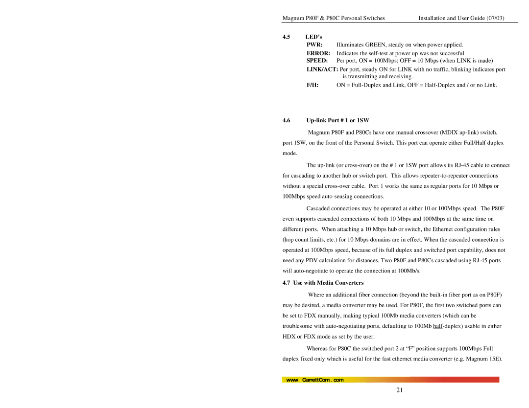 GarrettCom P80C, P80F manual LED’s, Up-link Port # 1 or 1SW, Use with Media Converters 