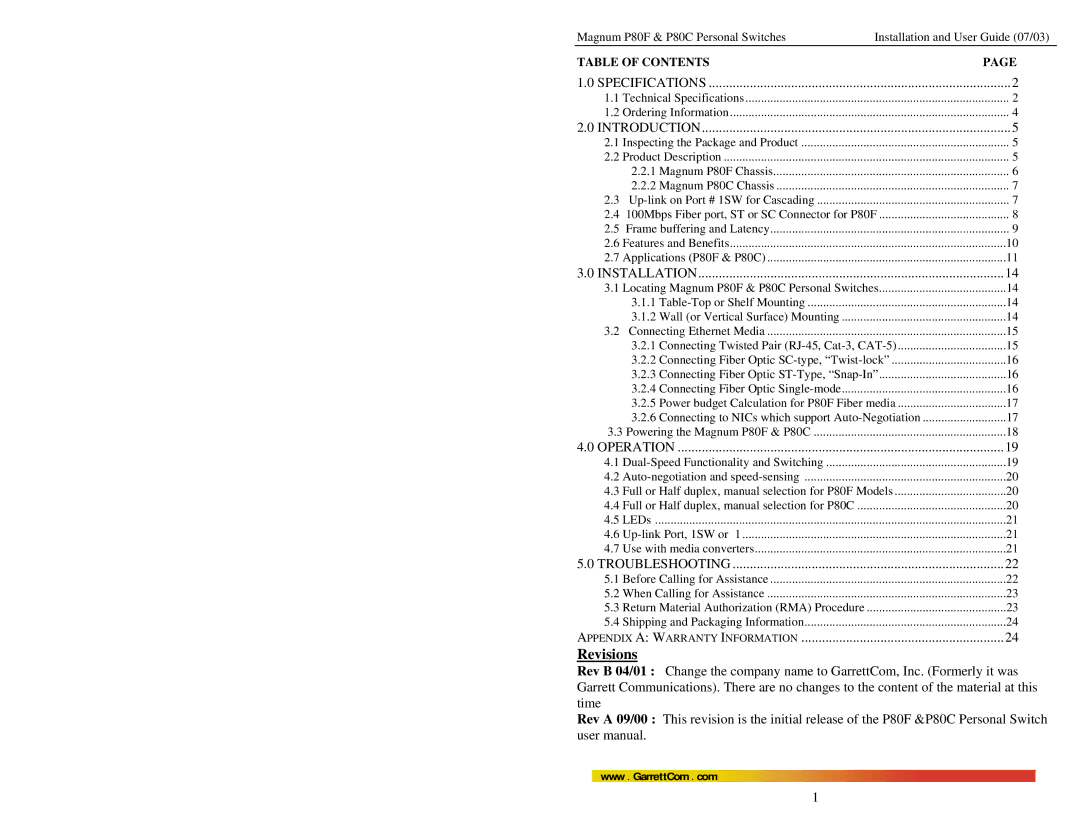 GarrettCom P80C, P80F manual Revisions 