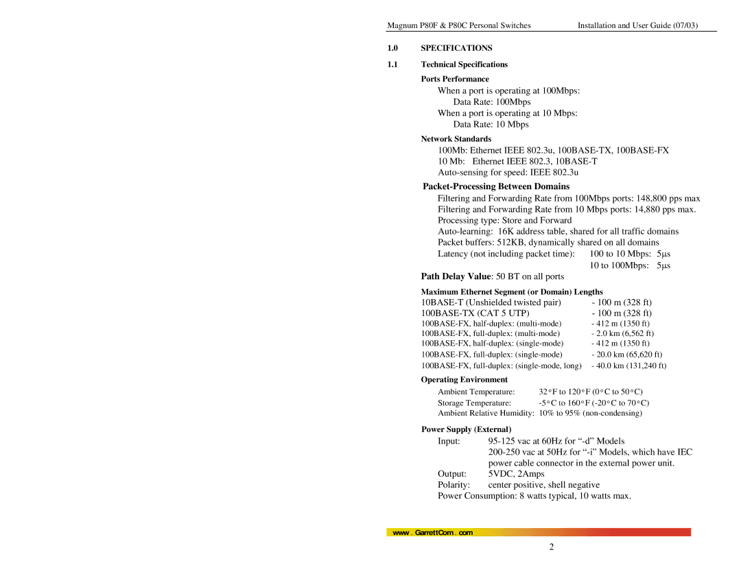 GarrettCom P80F Technical Specifications Ports Performance, Network Standards, Maximum Ethernet Segment or Domain Lengths 