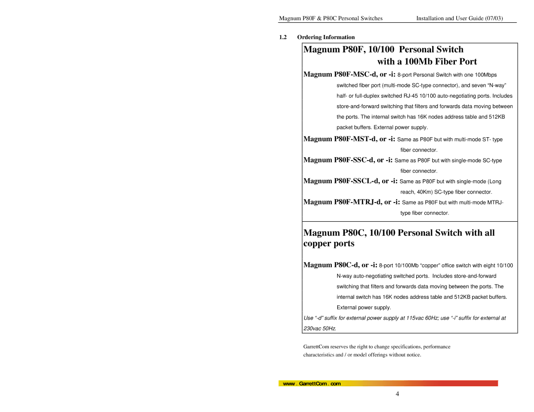 GarrettCom P80C manual Magnum P80F, 10/100 Personal Switch with a 100Mb Fiber Port, Ordering Information 