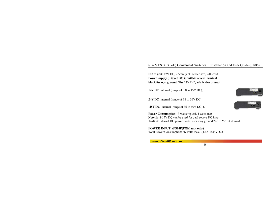 GarrettCom manual Power Input PS14PPOE unit only 