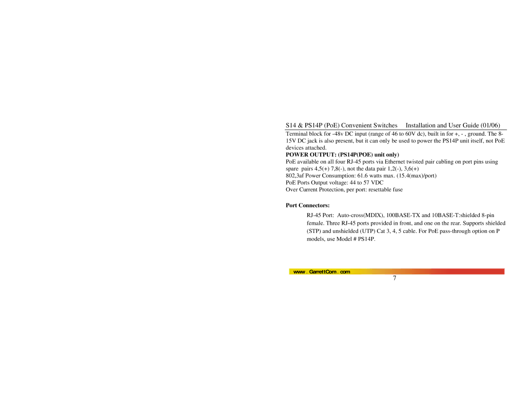 GarrettCom manual Power Output PS14PPOE unit only, Port Connectors 