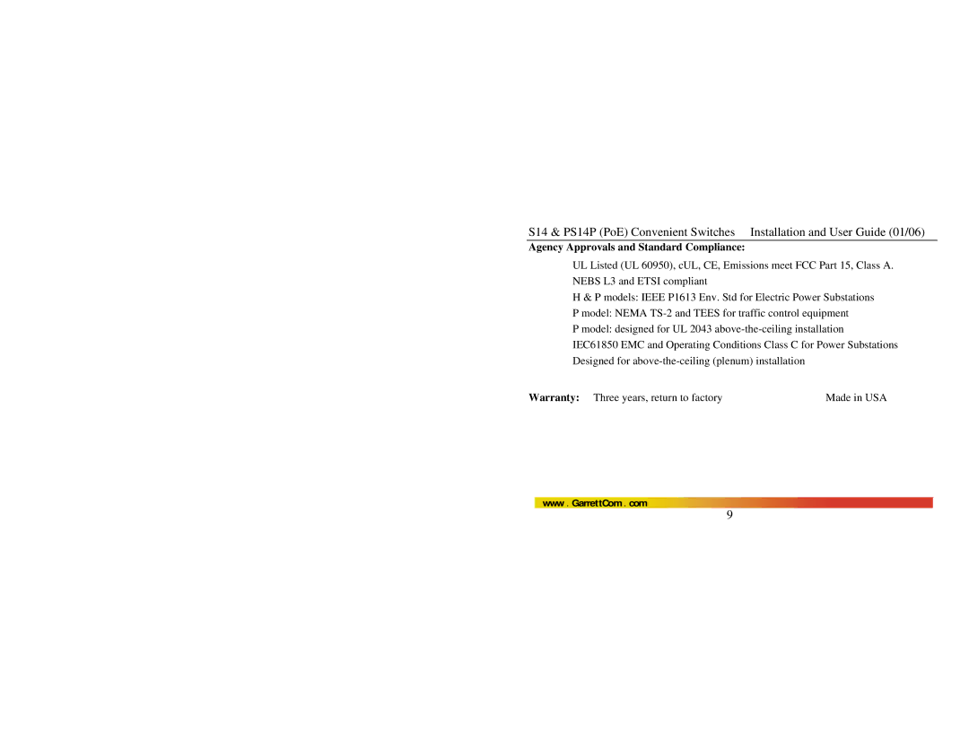 GarrettCom PS14P manual Agency Approvals and Standard Compliance 