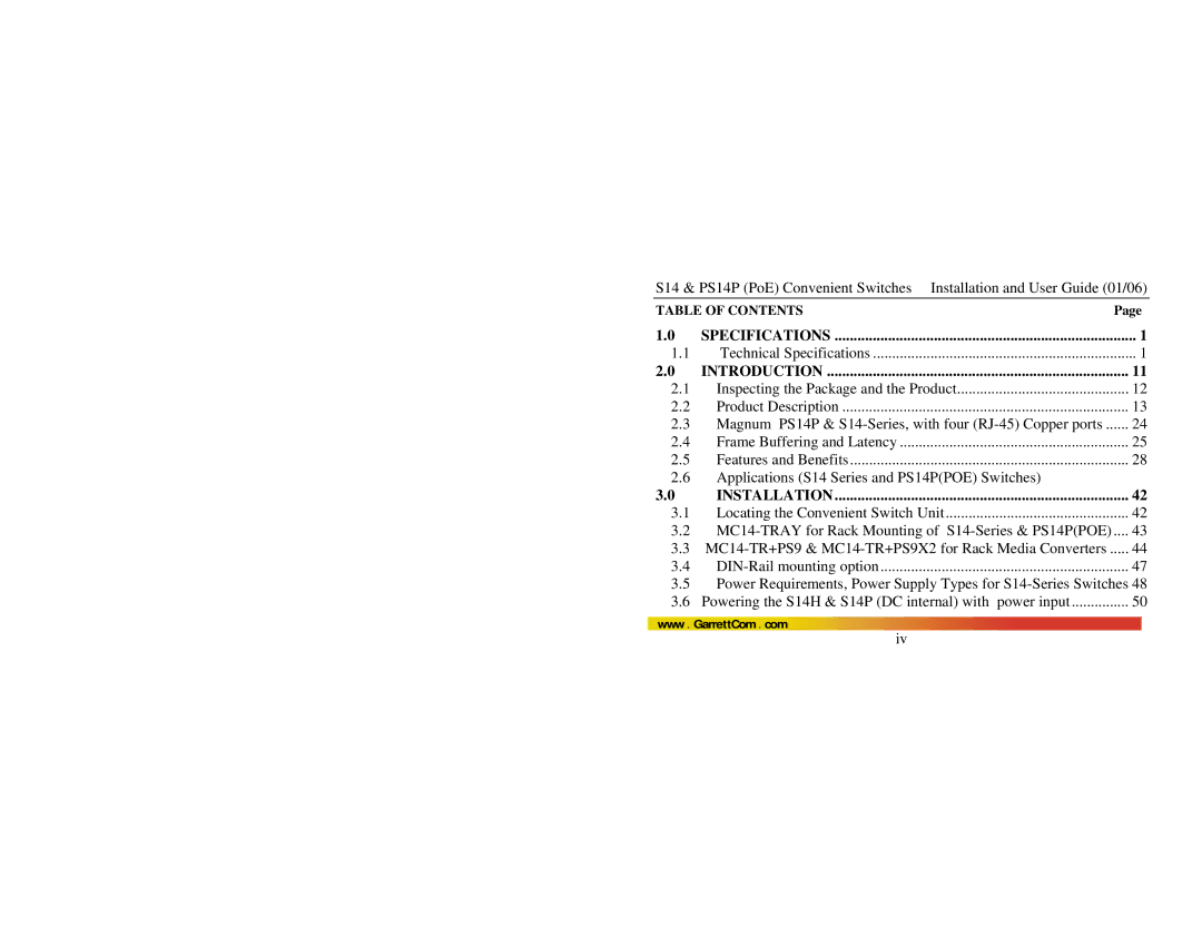 GarrettCom PS14P manual Specifications 