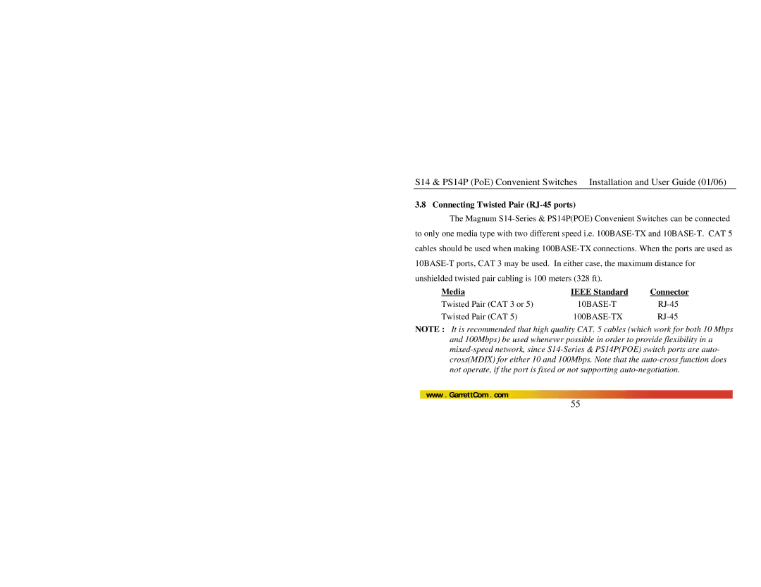 GarrettCom PS14P manual Connecting Twisted Pair RJ-45 ports, Media Ieee Standard 