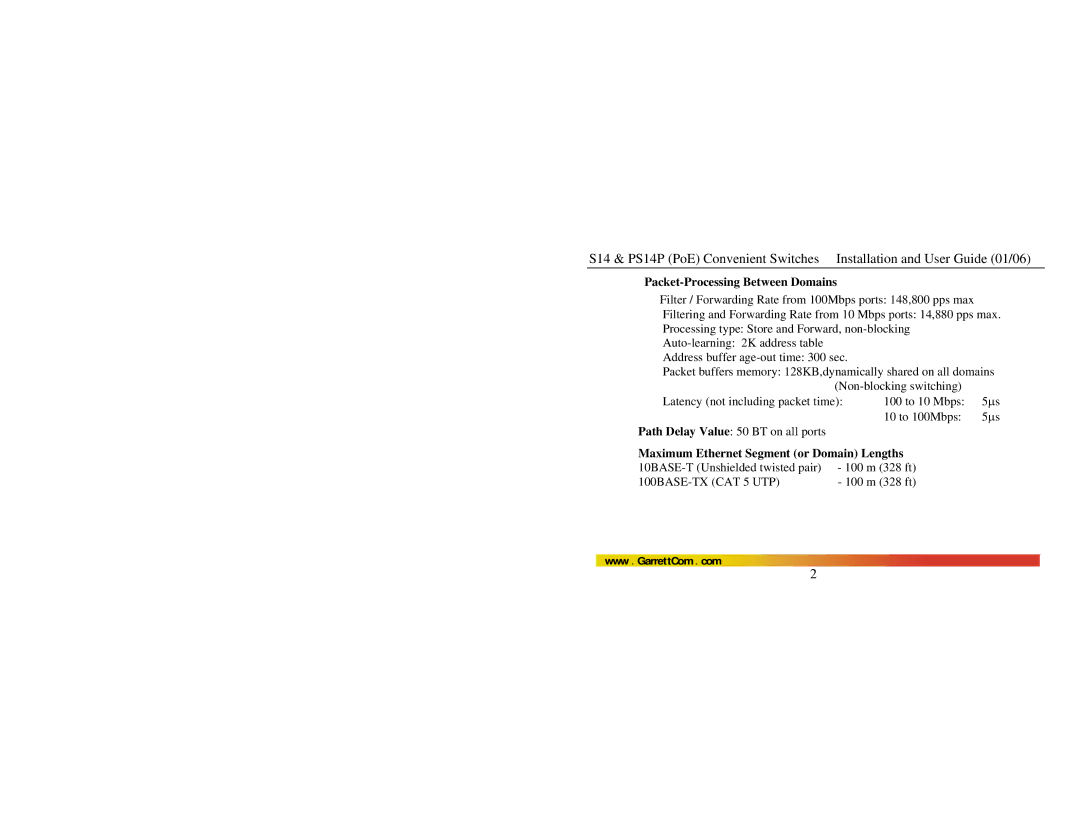 GarrettCom PS14P manual Packet-Processing Between Domains, Maximum Ethernet Segment or Domain Lengths 