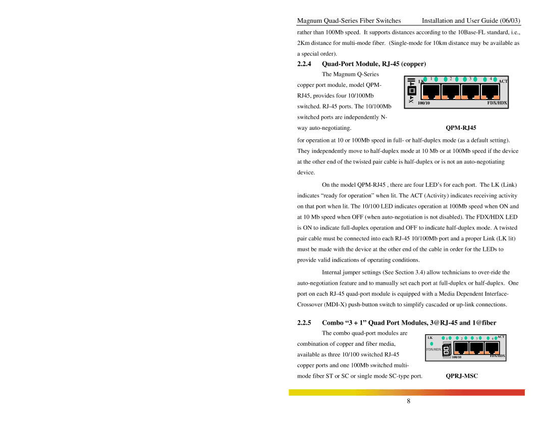 GarrettCom manual Quad-Port Module, RJ-45 copper, Combo 3 + 1 Quad Port Modules, 3@RJ-45 and 1@fiber, QPM-RJ45, Qprj-Msc 