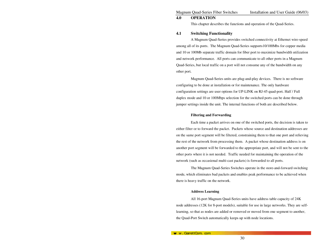 GarrettCom Quad manual Switching Functionality, Filtering and Forwarding, Address Learning 