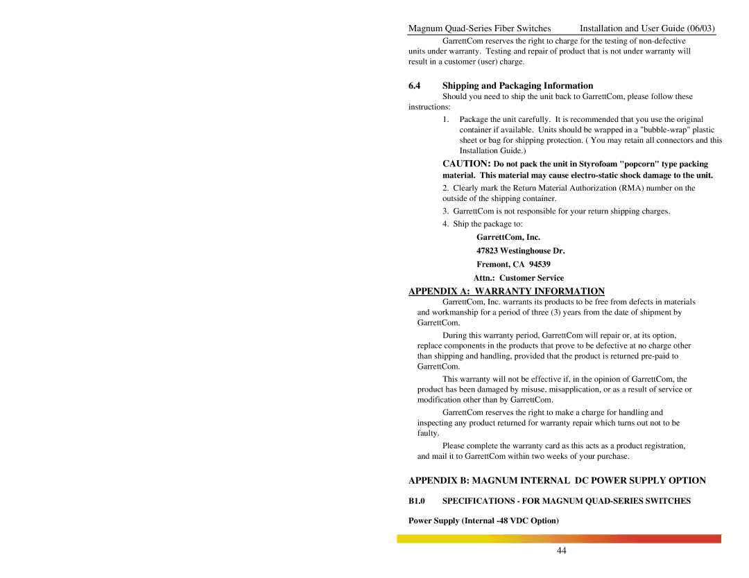 GarrettCom Quad manual Shipping and Packaging Information, B1.0 Specifications for Magnum QUAD-SERIES Switches 