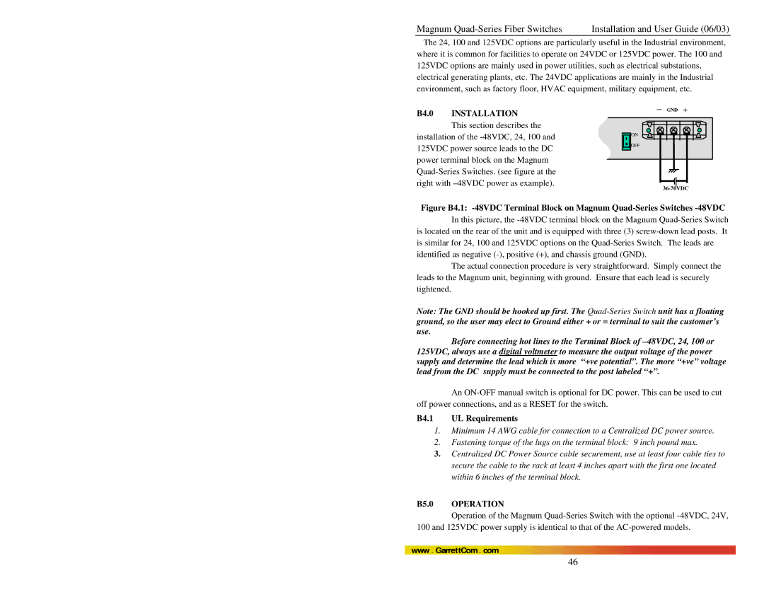 GarrettCom Quad manual B4.0 Installation, B4.1 UL Requirements, B5.0 Operation 