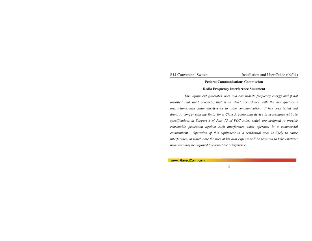 GarrettCom manual S14 Convenient Switch Installation and User Guide 09/04 