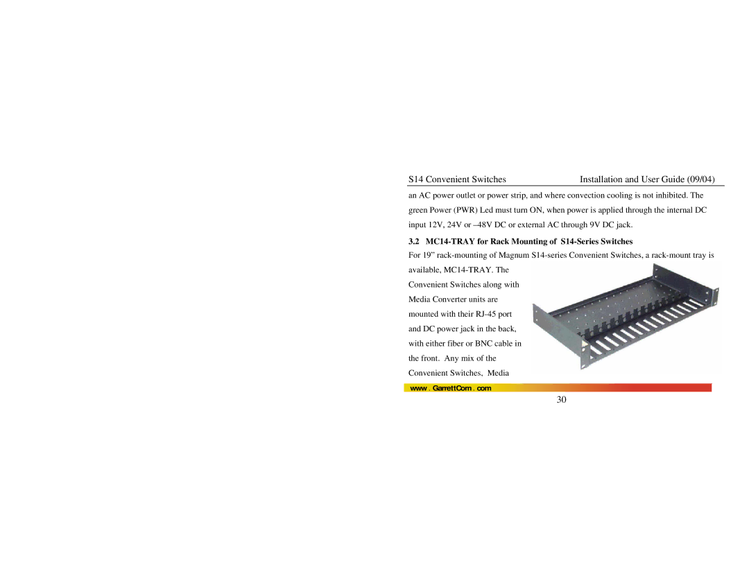 GarrettCom manual MC14-TRAY for Rack Mounting of S14-Series Switches 