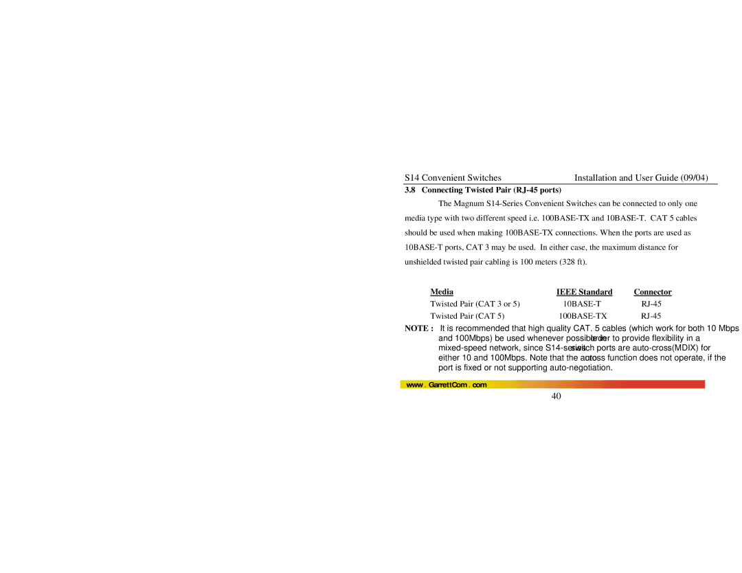 GarrettCom S14 manual Connecting Twisted Pair RJ-45 ports, Media Ieee Standard 