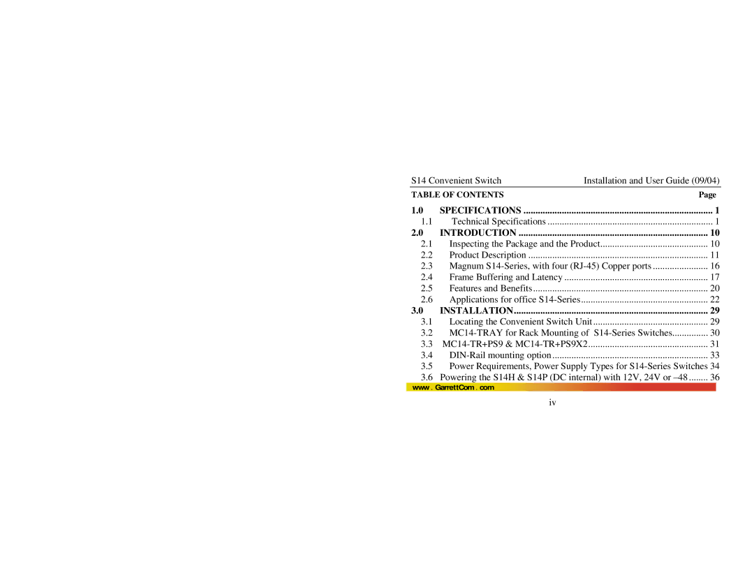 GarrettCom S14 manual Specifications 