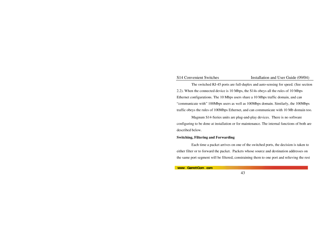 GarrettCom S14 manual Switching, Filtering and Forwarding 
