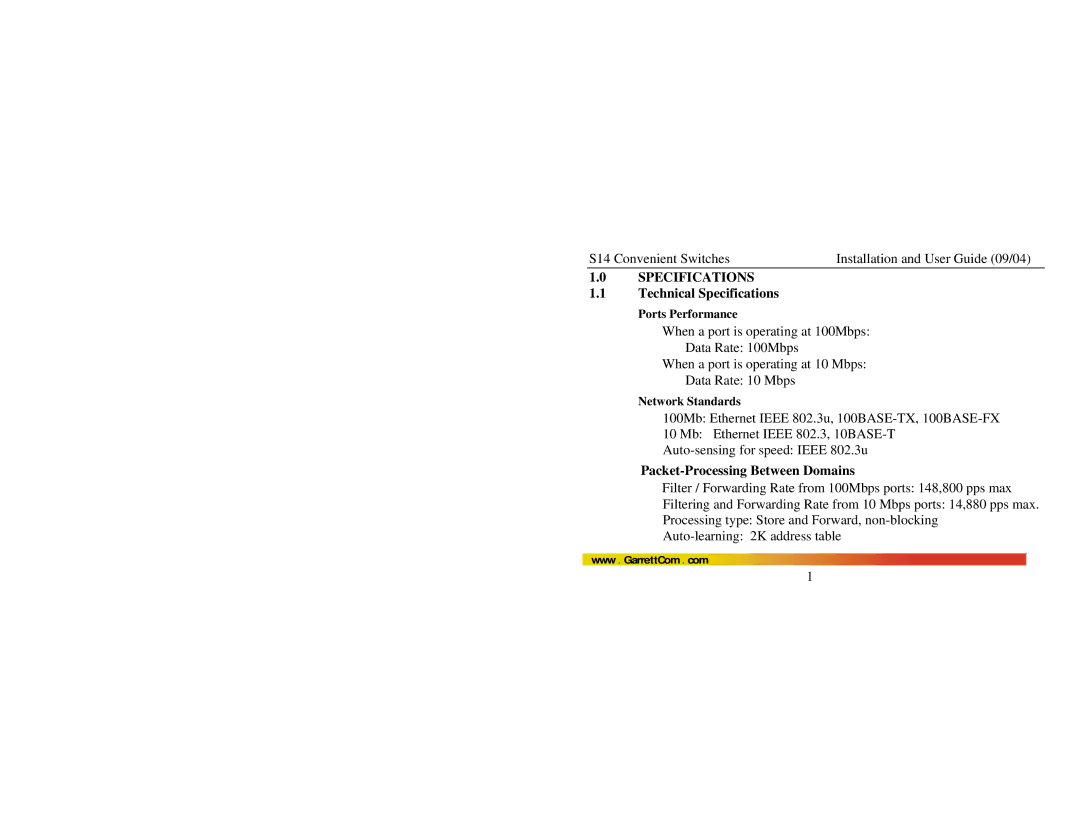 GarrettCom S14 manual Ports Performance, Network Standards 