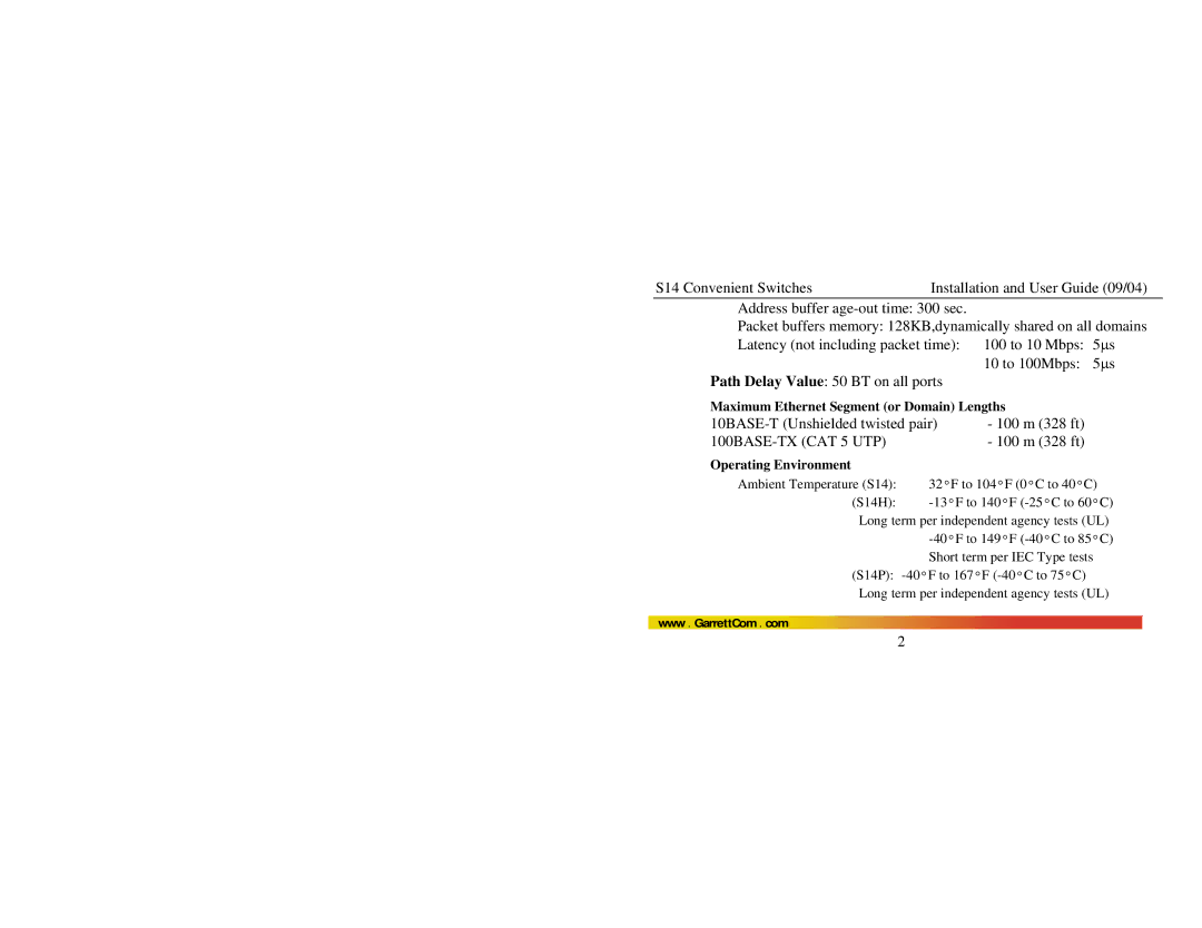 GarrettCom S14 manual Maximum Ethernet Segment or Domain Lengths, Operating Environment 