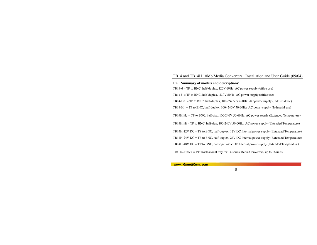 GarrettCom TB14H manual Summary of models and descriptions 