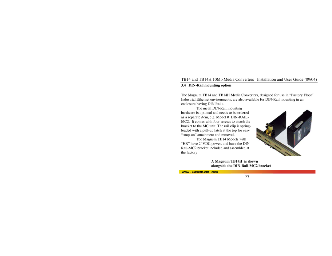 GarrettCom manual DIN-Rail mounting option, Magnum TB14H is shown alongside the DIN-Rail-MC2 bracket 