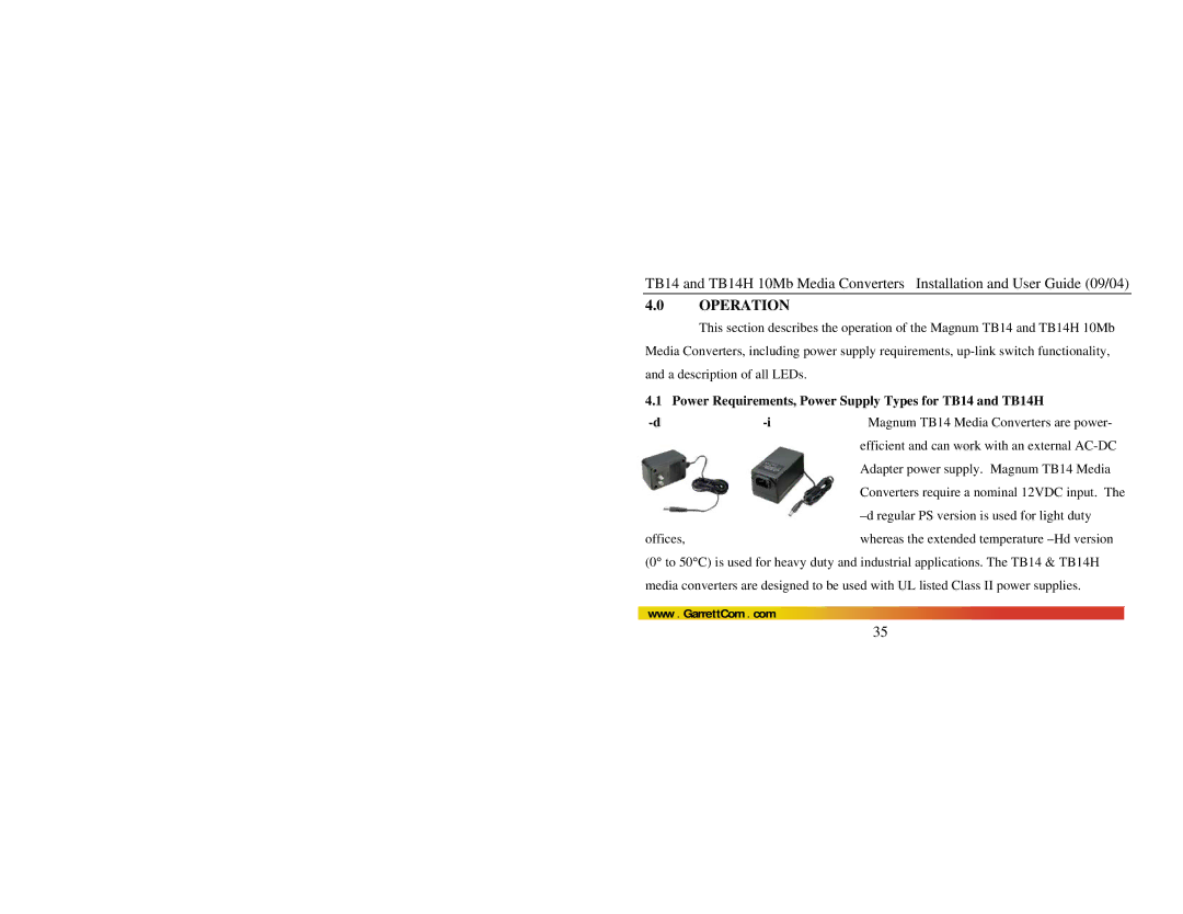 GarrettCom manual Power Requirements, Power Supply Types for TB14 and TB14H 