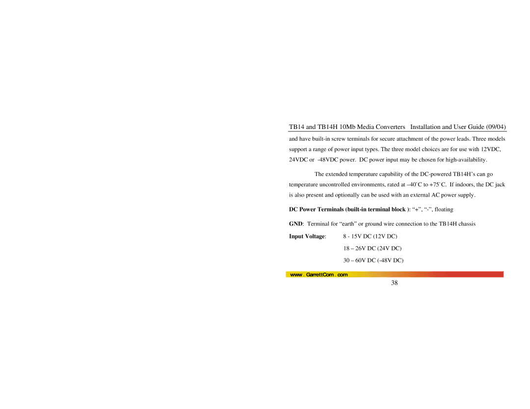 GarrettCom TB14H manual DC Power Terminals built-in terminal block +, -, floating 