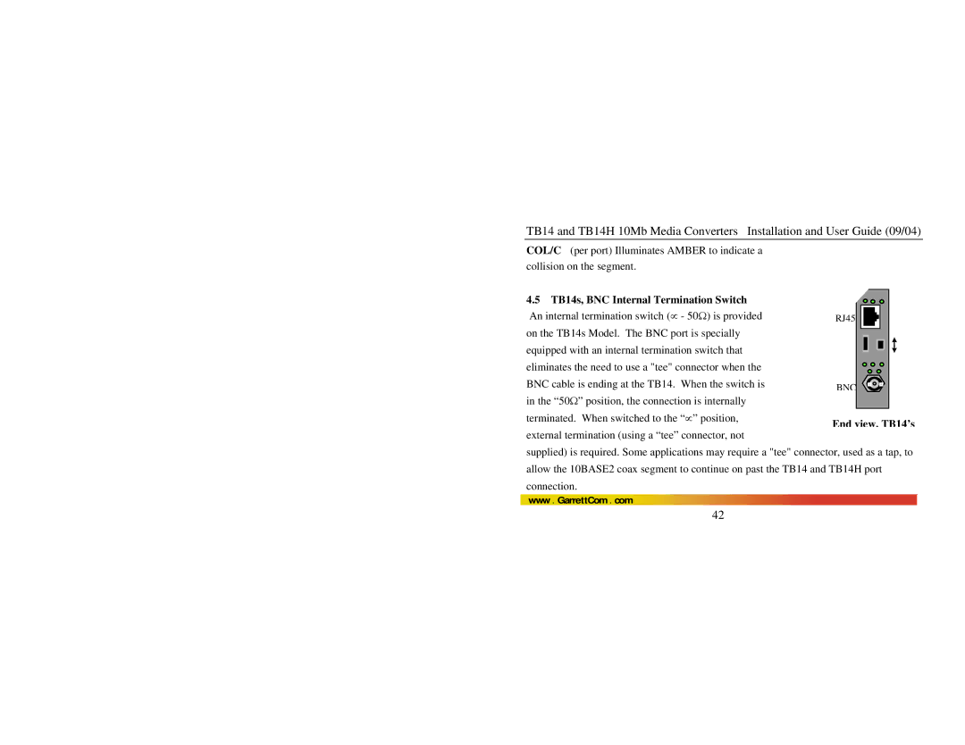 GarrettCom TB14H manual TB14s, BNC Internal Termination Switch, End view, TB14’s 
