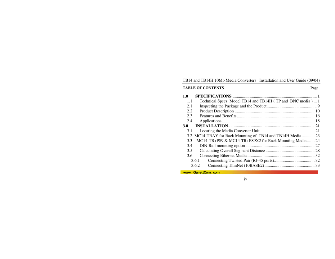 GarrettCom TB14H manual Specifications 