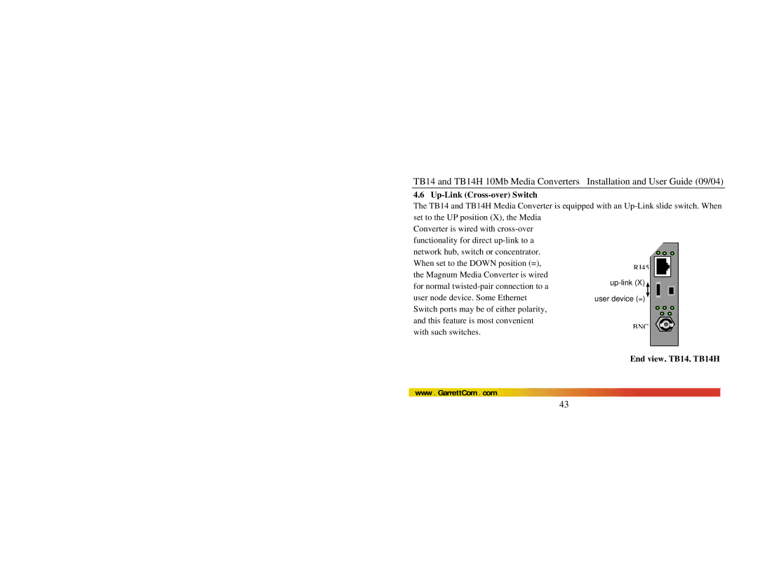 GarrettCom manual Up-Link Cross-over Switch, End view, TB14, TB14H 