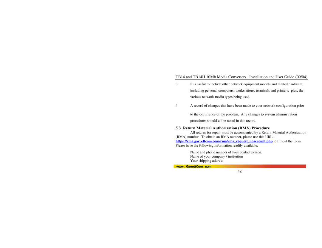 GarrettCom TB14H manual Return Material Authorization RMA Procedure 