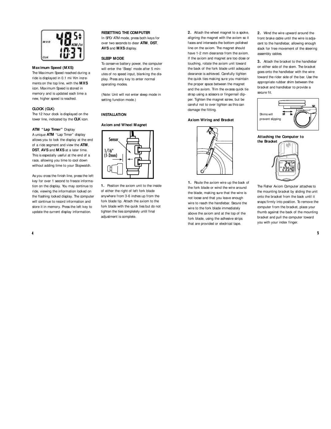 Gary Fisher Axiom Cycling Computer owner manual Clock CLK, Resetting the Computer, Sleep Mode, Installation 