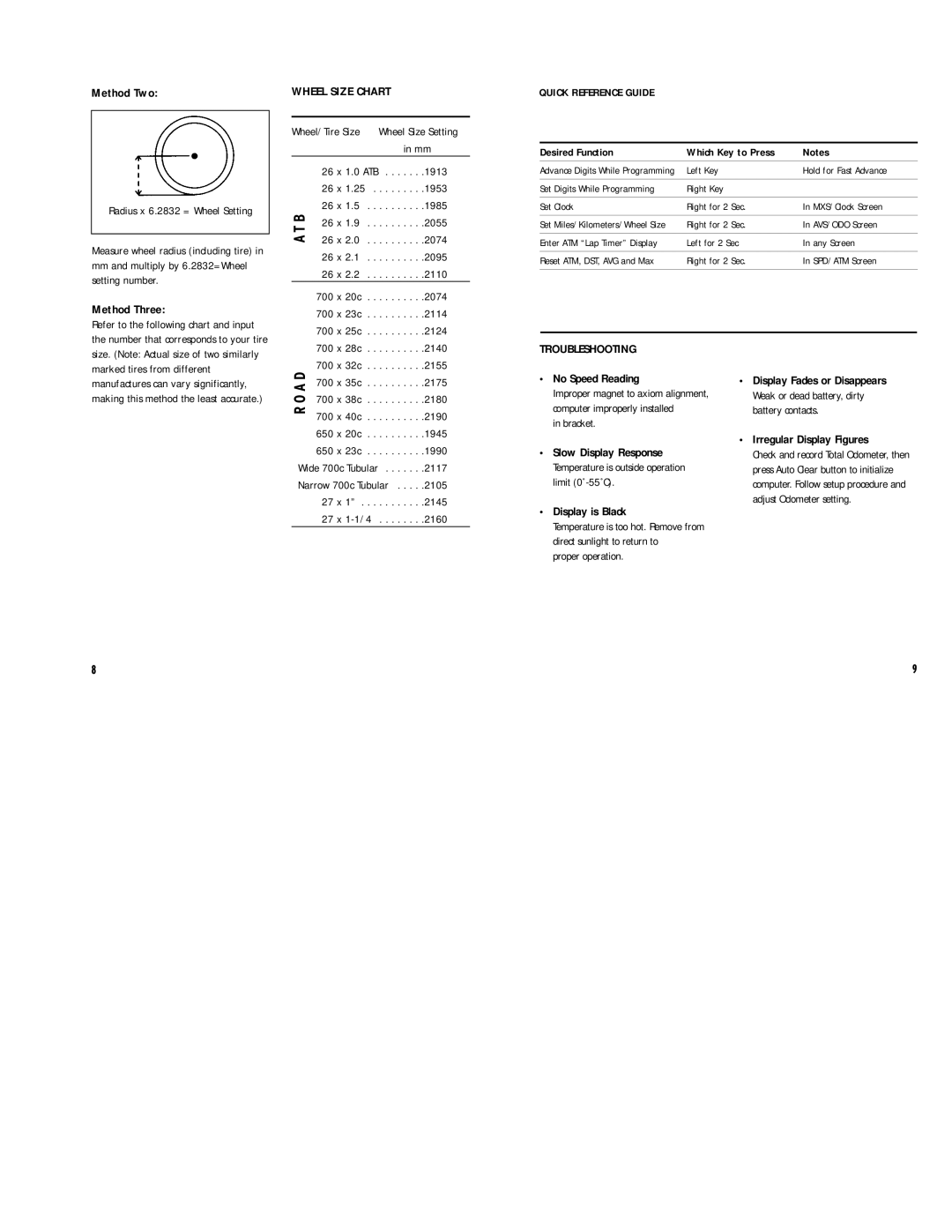 Gary Fisher Axiom Cycling Computer owner manual Wheel Size Chart, Troubleshooting 