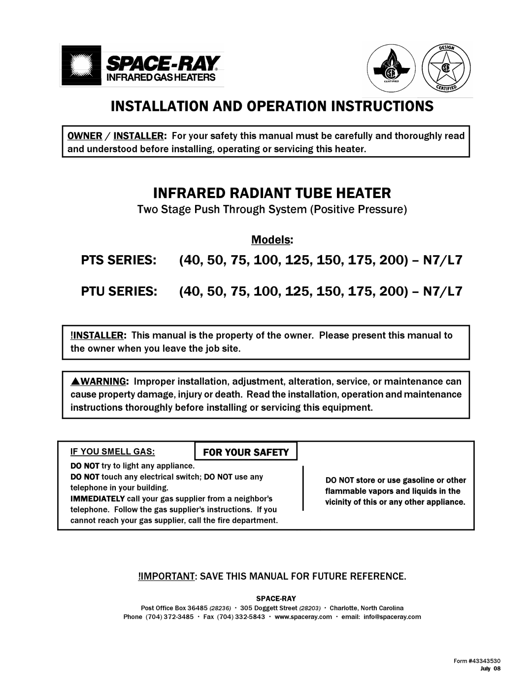 Gas-Fired Products N7/L7, 100, 40, 150, 175, 200 manual Installation and Operation Instructions 