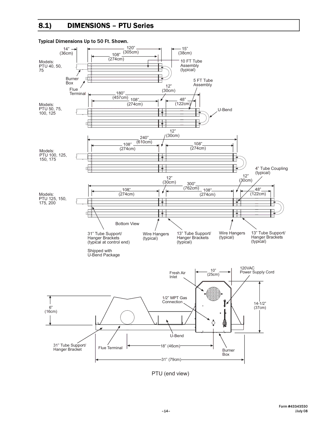 Gas-Fired Products 200, N7/L7, 100, 40, 150, 175 manual Dimensions PTU Series 