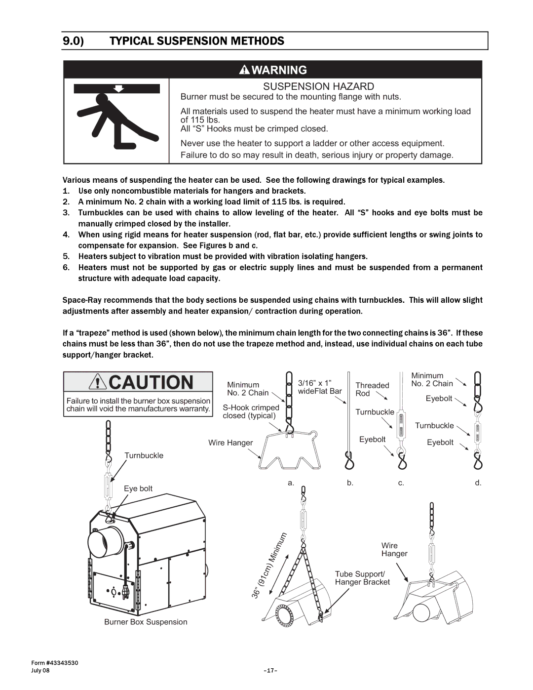 Gas-Fired Products N7/L7, 100, 40, 150, 175, 200 manual Typical Suspension Methods, Suspension Hazard 