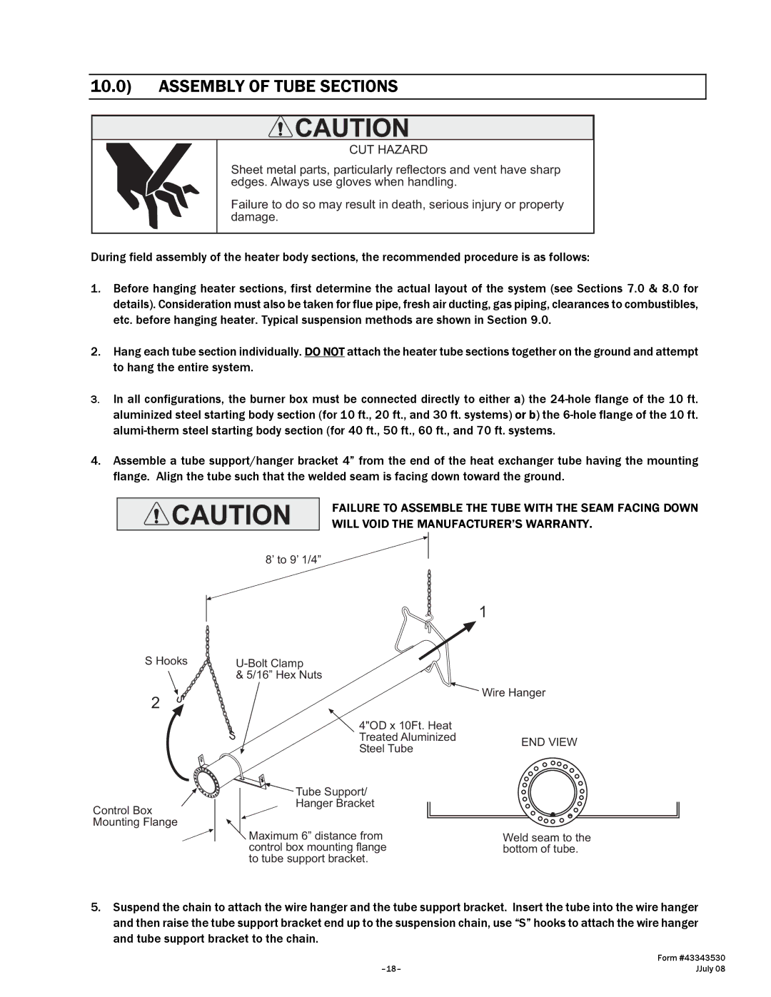 Gas-Fired Products 100, N7/L7, 40, 150, 175, 200 manual Assembly of Tube Sections, CUT Hazard 