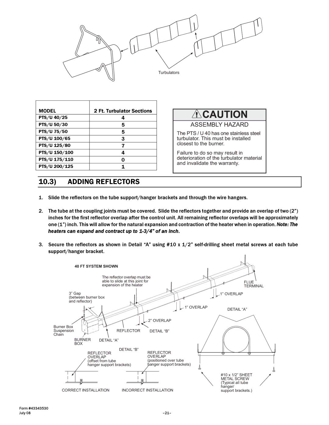 Gas-Fired Products 175, N7/L7, 100, 40, 150, 200 manual Adding Reflectors, Ft. Turbulator Sections 