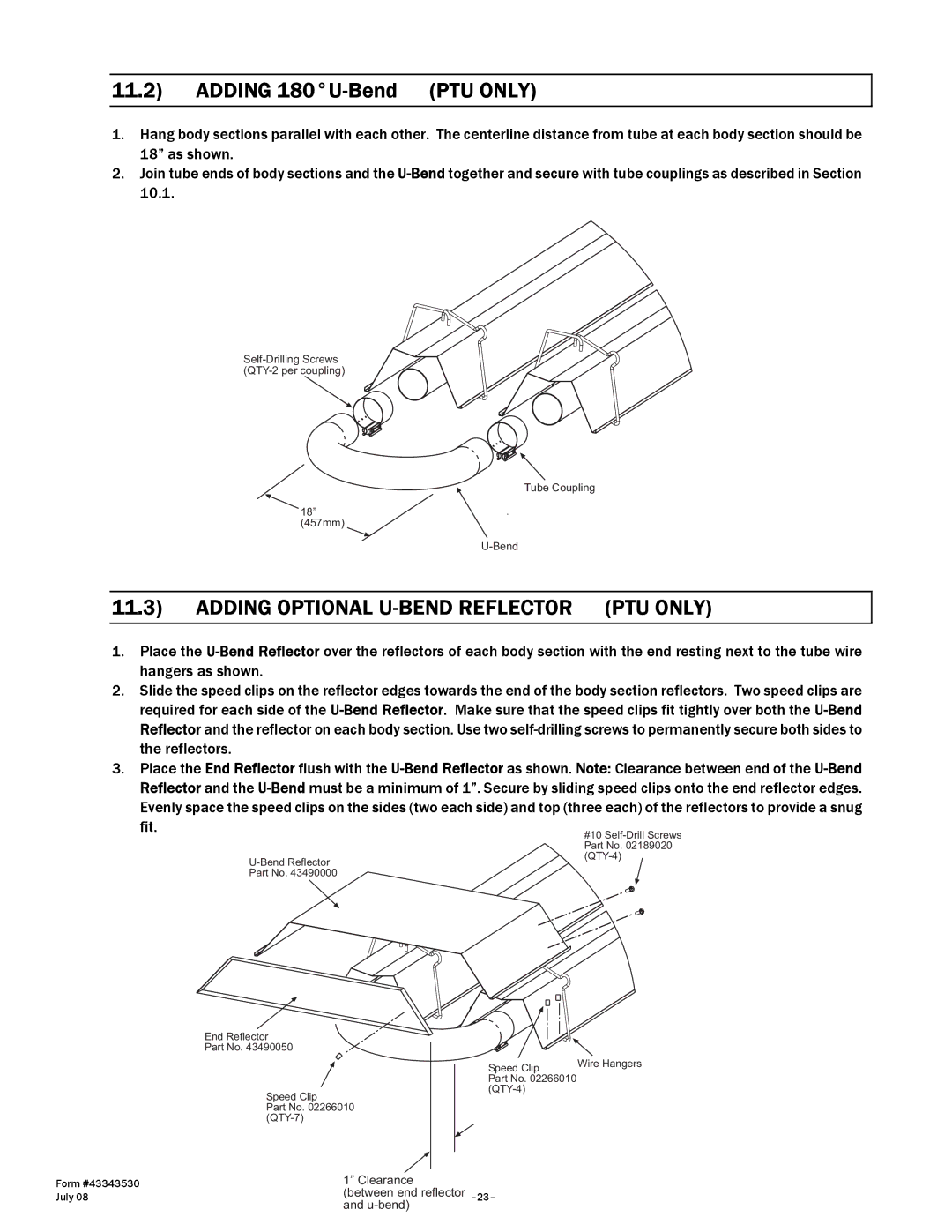 Gas-Fired Products N7/L7, 100, 40, 150, 175, 200 Adding 180U-Bend PTU only, Adding Optional U-BEND Reflector PTU only 