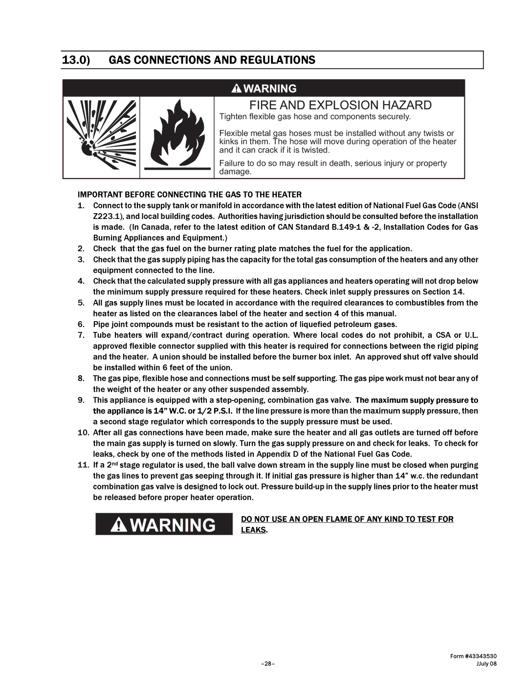 Gas-Fired Products 150, 75, N7/L7 GAS Connections and Regulations, Do not USE AN Open Flame of ANY Kind to Test for Leaks 